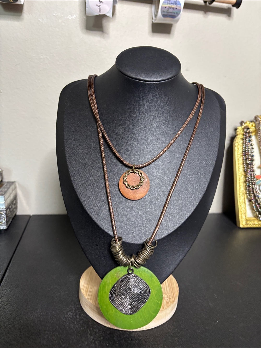 Boho Wood Handmade Green & Copper Layered Pendant Long Necklace